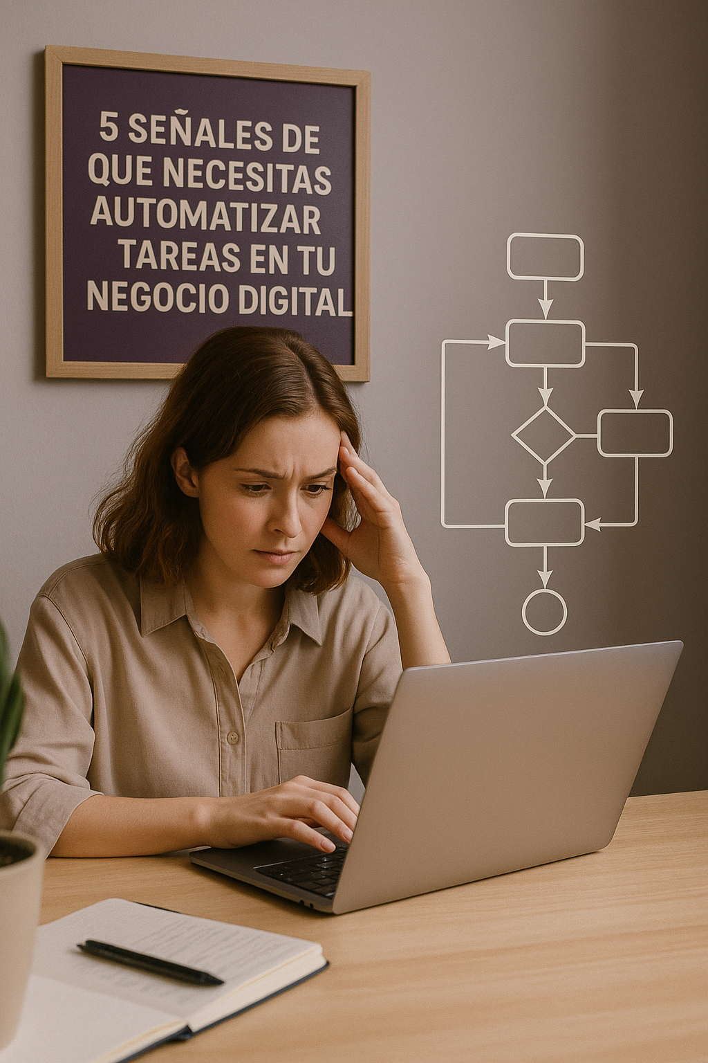 Mujer joven frente al portátil con gesto de cansancio, rodeada de cuaderno y esquema de flujo de tareas automatizadas, bajo un cartel que dice '5 señales de que necesitas automatizar tareas en tu negocio digital