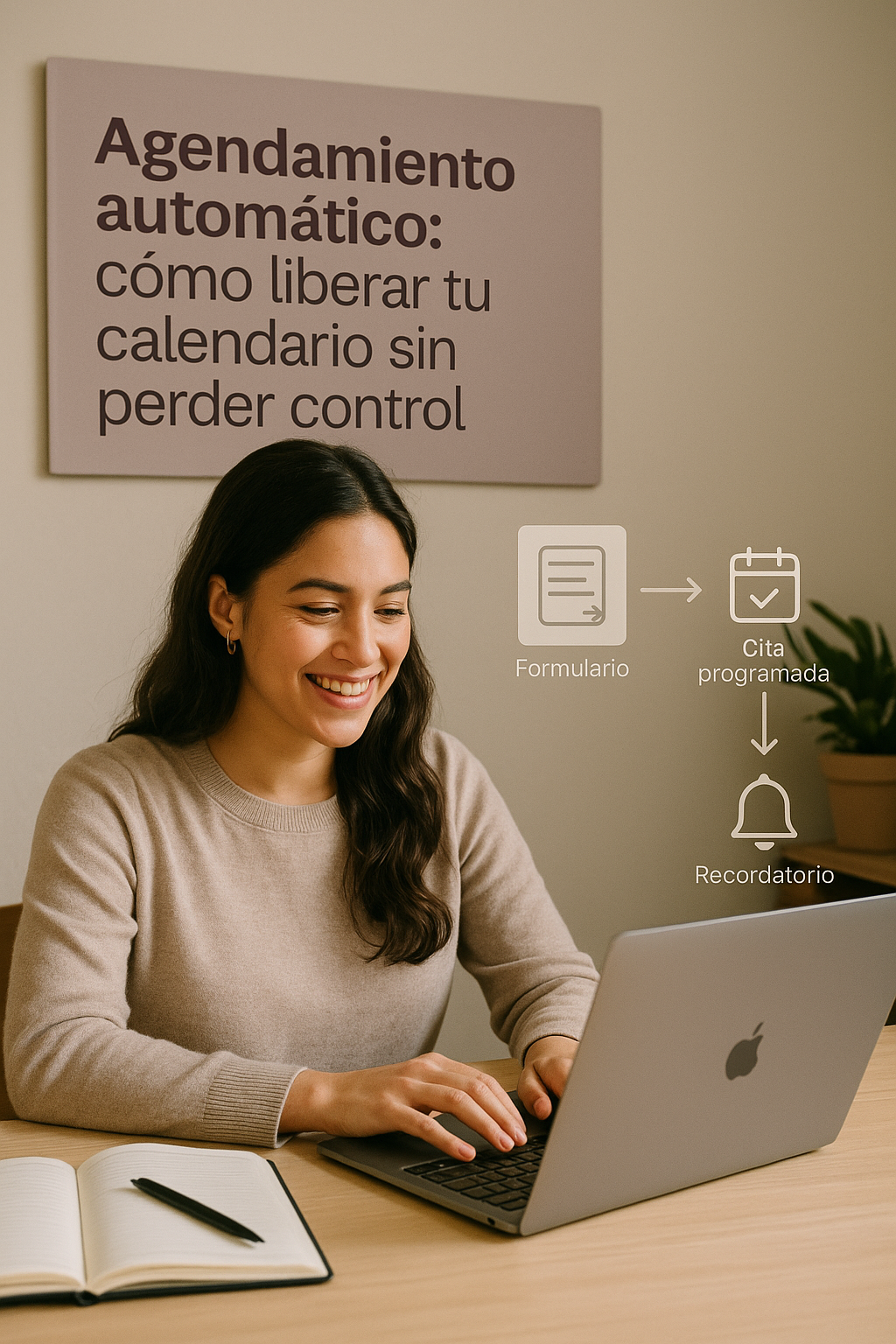 Mujer sonriente frente a su portátil gestionando su agenda digital, con ilustraciones de formulario, cita programada y recordatorio automático, y un cartel que dice 'Agendamiento automático: cómo liberar tu calendario sin perder control