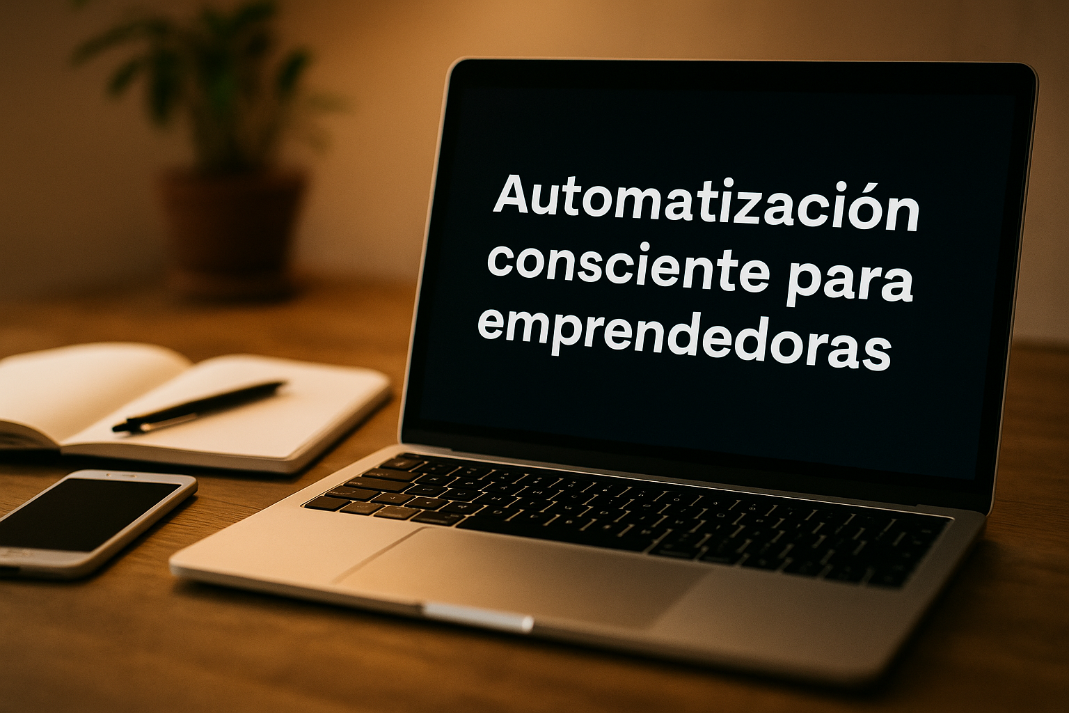 Espacio de trabajo sereno con portátil, vela encendida y decoración natural, representando una automatización armoniosa para emprendedoras espirituales