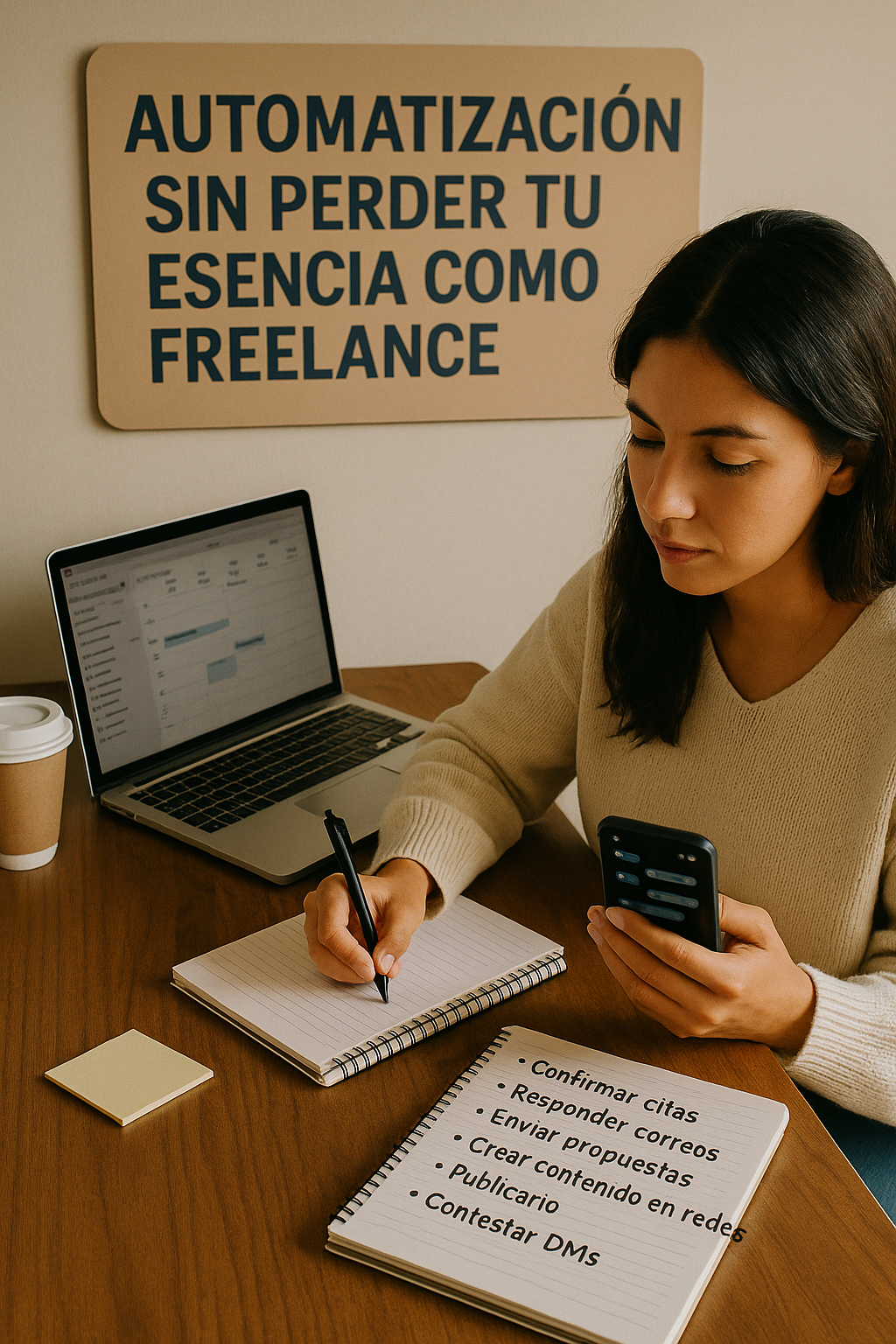 Mujer freelance trabajando en su escritorio con libreta, móvil y portátil, organizando tareas como confirmar citas, responder correos y crear contenido, con cartel que dice 'Automatización sin perder tu esencia como freelance' al fondo.