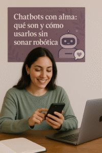 Mujer sonriente revisando su móvil en un entorno de trabajo, con un cartel al fondo que dice 'Chatbots con alma: qué son y cómo usarlos sin sonar robótica' y un dibujo de chatbot amigable con icono de corazón.