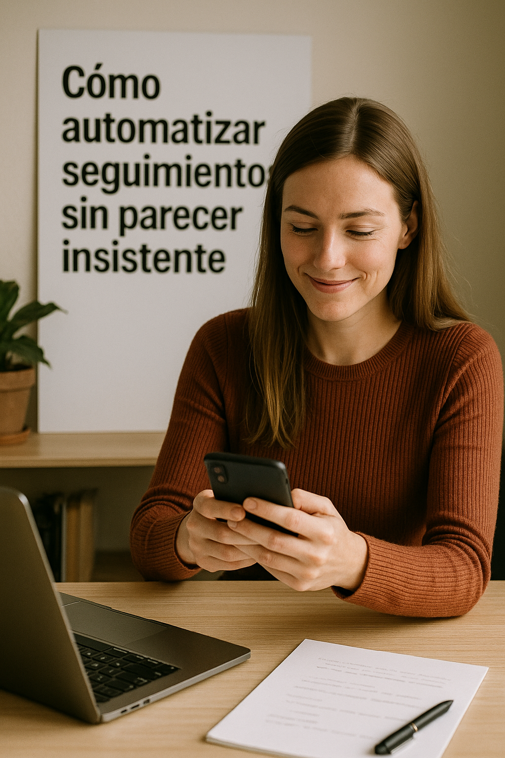 Mujer sonriente mirando su móvil en su escritorio, con portátil, hoja y cartel al fondo que dice 'Cómo automatizar seguimiento sin parecer insistente', en un entorno cálido y profesional