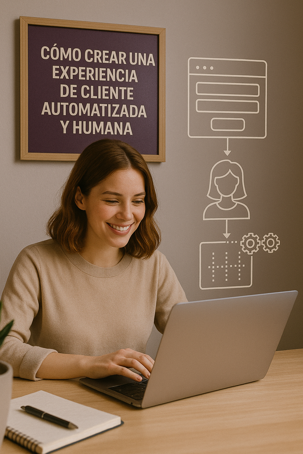 Mujer sonriente trabajando en su portátil, con gráficos digitales que representan formularios inteligentes y flujos automatizados, bajo un cartel que dice 'Cómo crear una experiencia de cliente automatizada y humana