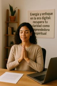 Mujer con los ojos cerrados y manos en posición de oración frente al portátil, en un entorno cálido y espiritual, con un cartel que dice 'Energía y enfoque en la era digital: recupera tu claridad como emprendedora espiritual