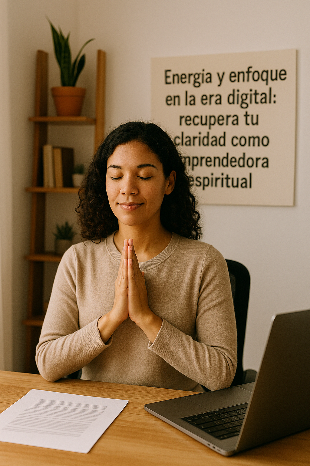 Mujer con los ojos cerrados y manos en posición de oración frente al portátil, en un entorno cálido y espiritual, con un cartel que dice 'Energía y enfoque en la era digital: recupera tu claridad como emprendedora espiritual