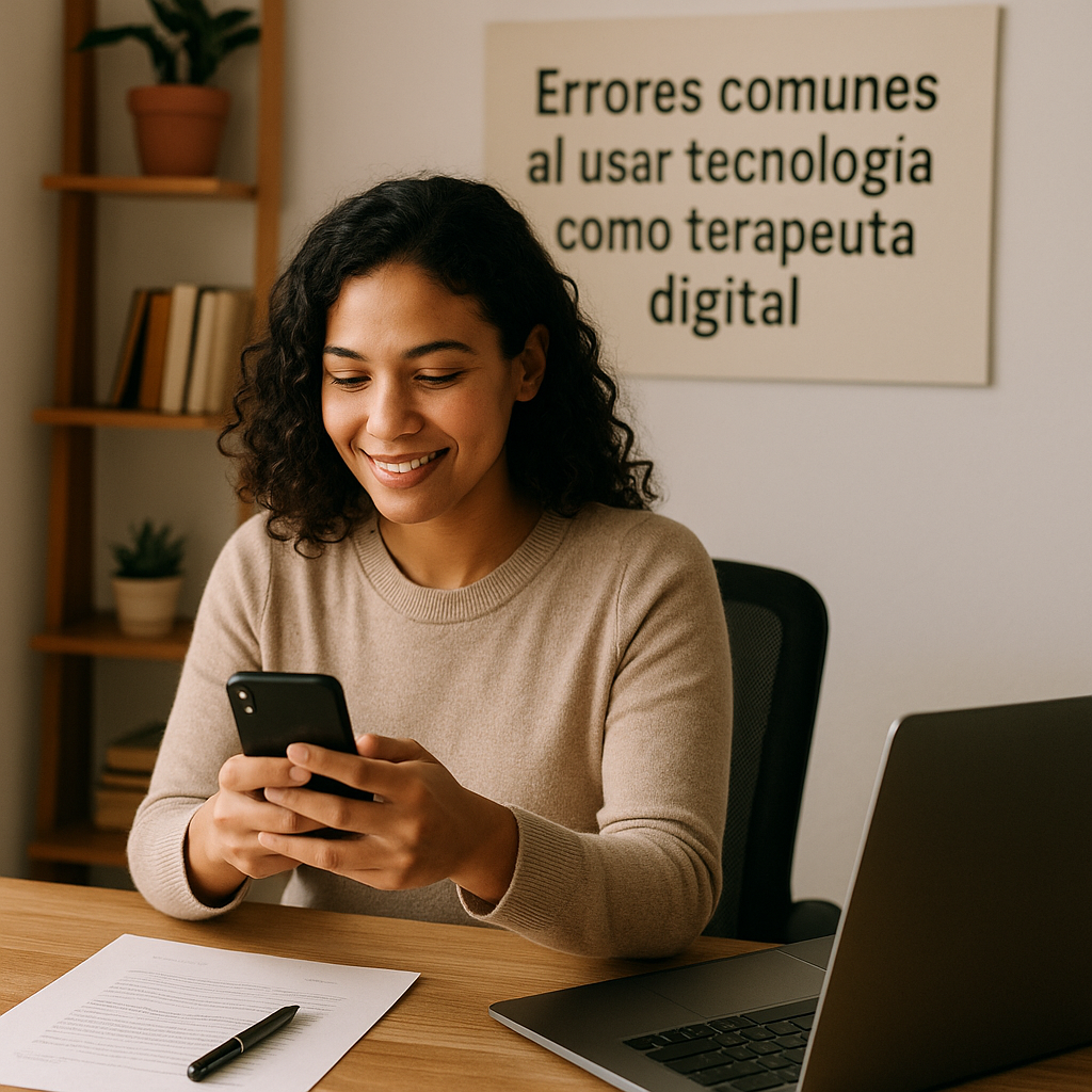 Mujer terapeuta digital usando su móvil en un escritorio cálido y ordenado, con portátil y documento a mano, y un cartel de fondo que dice 'Errores comunes al usar tecnología como terapeuta digital'.