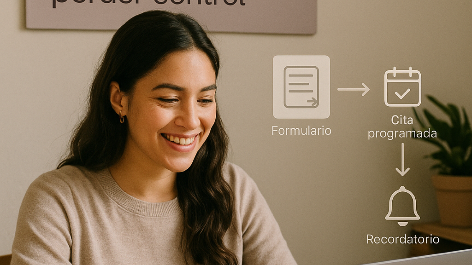 Mujer sonriente frente a su portátil gestionando su agenda digital, con ilustraciones de formulario, cita programada y recordatorio automático, y un cartel que dice 'Agendamiento automático: cómo liberar tu calendario sin perder control