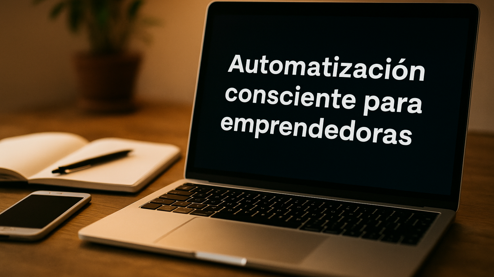 Espacio de trabajo sereno con portátil, vela encendida y decoración natural, representando una automatización armoniosa para emprendedoras espirituales