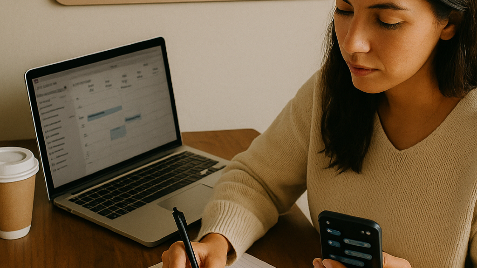 Mujer freelance trabajando en su escritorio con libreta, móvil y portátil, organizando tareas como confirmar citas, responder correos y crear contenido, con cartel que dice 'Automatización sin perder tu esencia como freelance' al fondo.