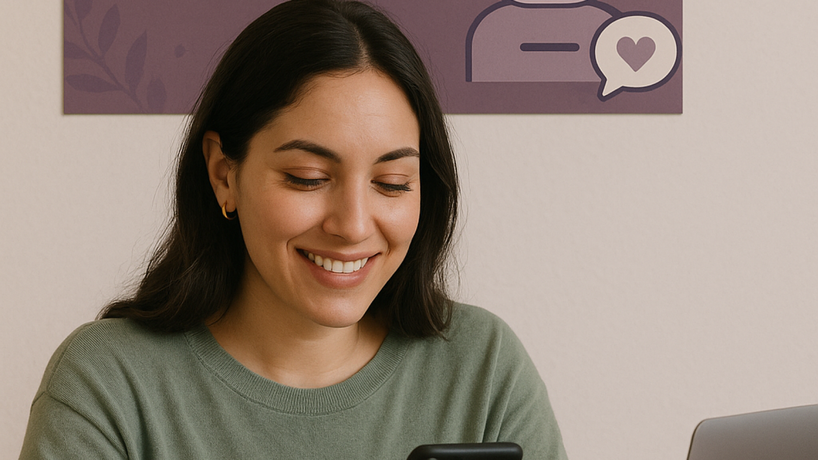 Mujer sonriente revisando su móvil en un entorno de trabajo, con un cartel al fondo que dice 'Chatbots con alma: qué son y cómo usarlos sin sonar robótica' y un dibujo de chatbot amigable con icono de corazón.