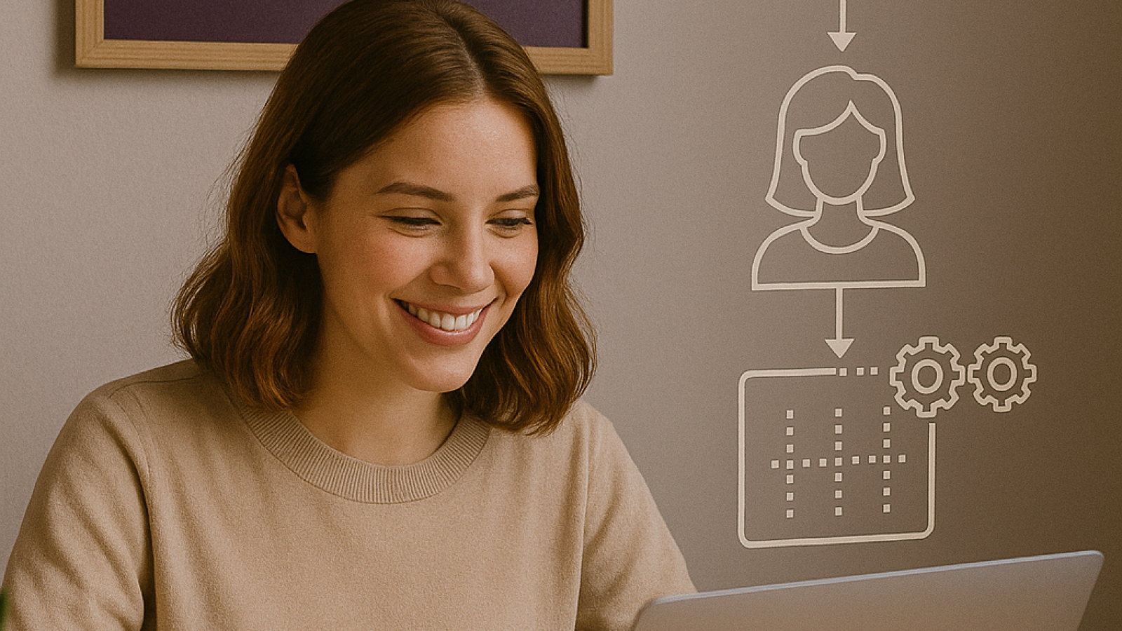 Mujer sonriente trabajando en su portátil, con gráficos digitales que representan formularios inteligentes y flujos automatizados, bajo un cartel que dice 'Cómo crear una experiencia de cliente automatizada y humana