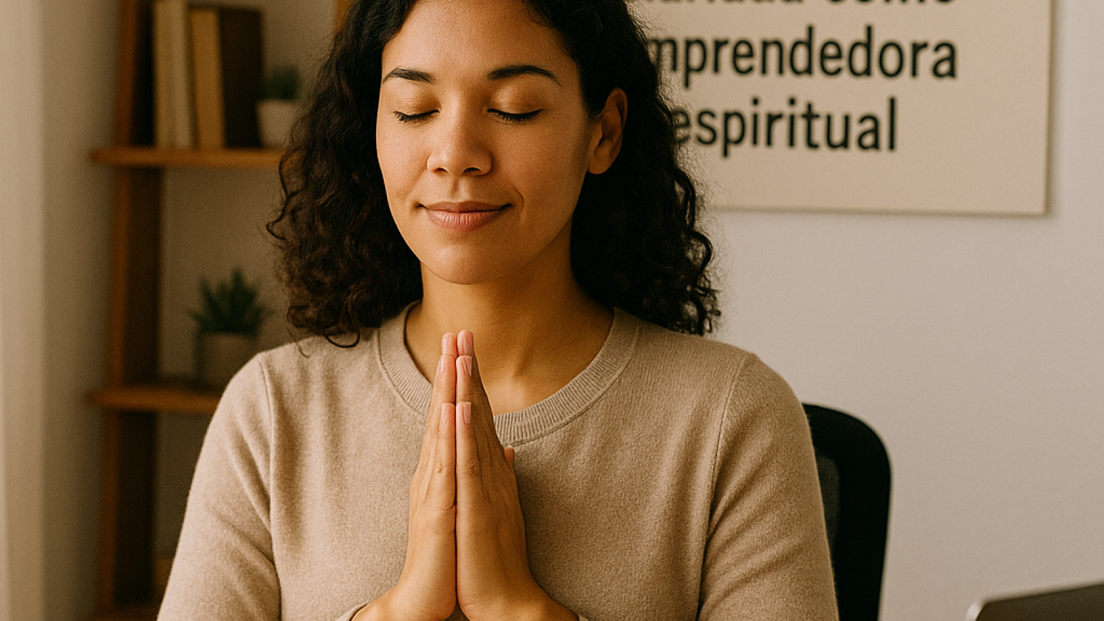Mujer con los ojos cerrados y manos en posición de oración frente al portátil, en un entorno cálido y espiritual, con un cartel que dice 'Energía y enfoque en la era digital: recupera tu claridad como emprendedora espiritual